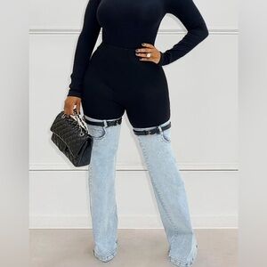 black tights & blue denim combo pants.